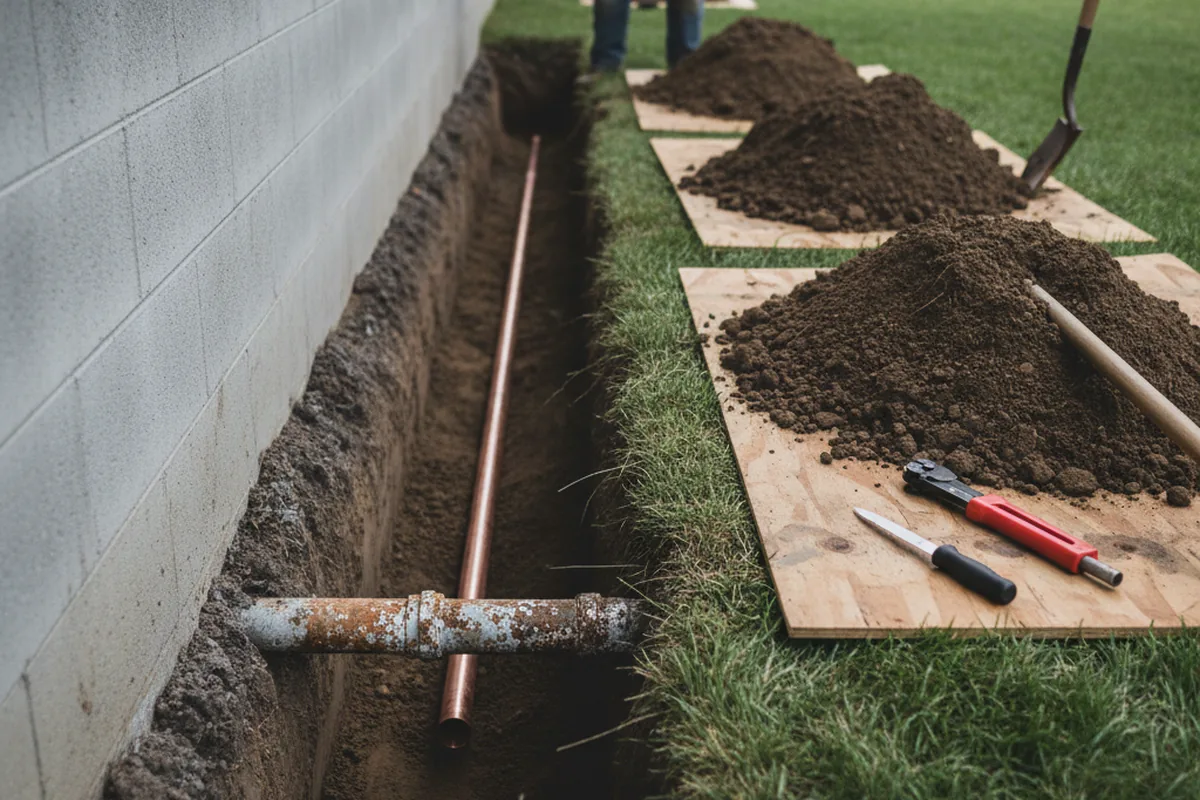 Excavated water line trench during Water Softener Installation in Kings Mountain